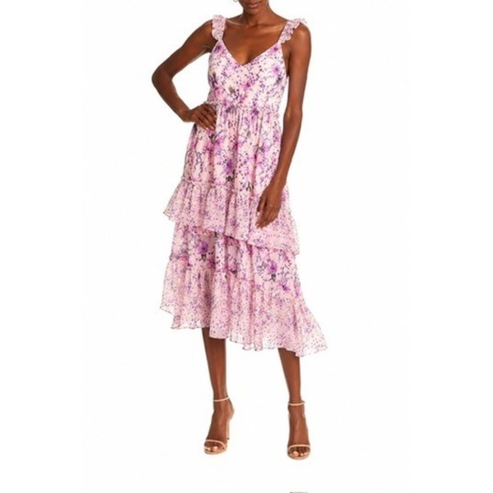 Cami NYC Angela Floral Tiered Dress Pink Azalea Print Silk Ruffle Sleeveless S
